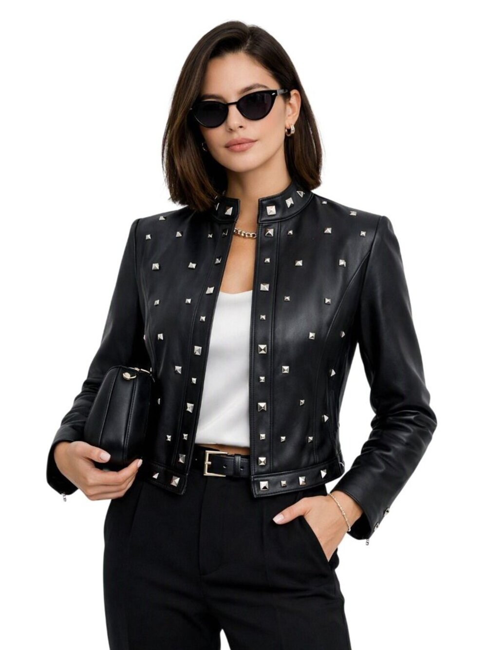 Yvonne Marie Womens 4 Lamb's Leather Studded Moto Biker Black Jacket City Modern